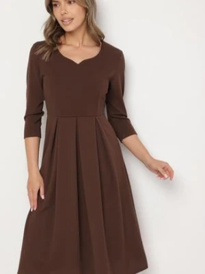 Brązowa Rozkloszowana Sukienka z Rękawem 3/4 Nomiel lovery