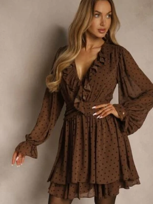 Brązowa Rozkloszowana Sukienka z Siateczki w Groszki z Falbankami Nesiba