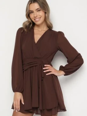 Brązowa Rozkloszowana Sukienka z Siateczki z Kopertowym Dekoltem Zenessa retro & icone