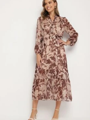 Brązowa Rozkloszowana Sukienka z Wiązanym Paskiem i Metaliczną Nicią Nalirina lovery