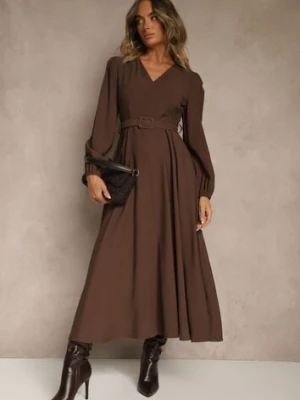 Brązowa Rozkloszowana Sukienka z Wiskozy z Paskiem ze Sprzączką Orille unigirl