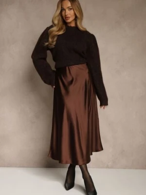 Brązowa Satynowa Midi Spódnica Rozkloszowana z Gumką w Pasie i Suwakiem Leose