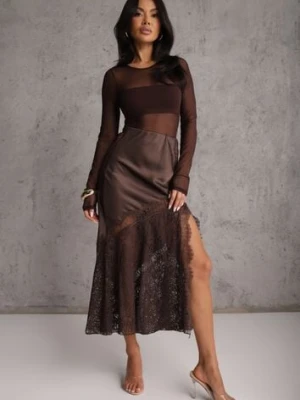 Brązowa Satynowa Spódnica Ozdobiona Rozcięciem na Nogę i Koronką Saviraet