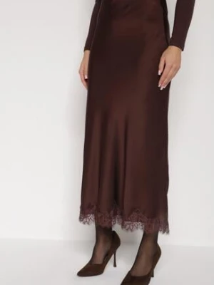 Brązowa Satynowa Spódnica z Koronkowym Zdobieniem Silfera