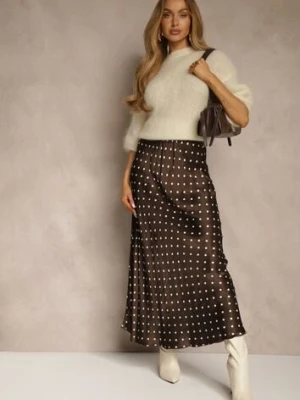 Brązowa Satynowa Spódnica z Wiskozy w Groszki o Rozkloszowanym Kroju Fediska