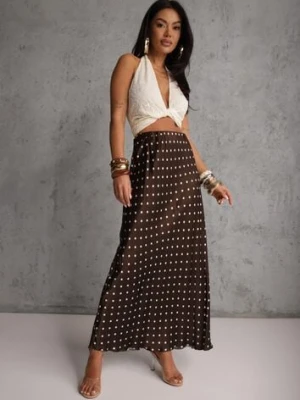 Brązowa Satynowa Spódnica z Wiskozy w Groszki o Rozkloszowanym Kroju Fediska