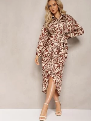 Brązowa Satynowa Sukienka Midi o Koszulowym Fasonie z Paskiem i Ozdobnym Wzorem Naseli