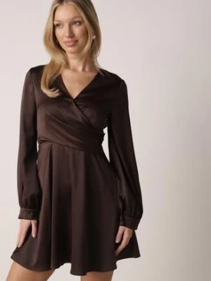 Brązowa Satynowa Sukienka VICES z Bawełny o Kopertowym Kroju Glanita