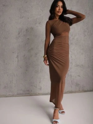 Brązowa Siateczkowa Sukienka Maxi o Dopasowanym Kroju Kremse by swan