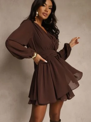 Brązowa Siateczkowa Sukienka o Rozkloszowanym Kroju z Dekoltem w Serek Zennela retro & icone