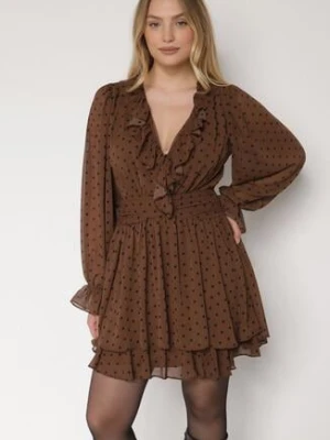 Brązowa Siateczkowa Sukienka w Groszki o Rozkloszowanym Kroju z Falbankami Nemela