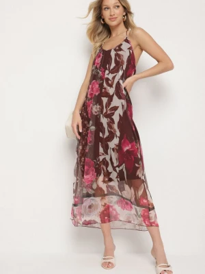 Brązowa Siateczkowa Sukienka z Wiskozą w Kwiatowy Wzór Izaleira New Collection