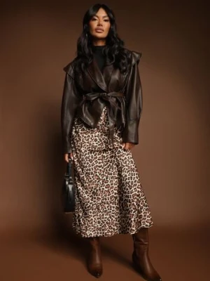 Brązowa Spódnica High Waist ze Zwierzęcym Printem i Gumką w Talii Dimella rosa