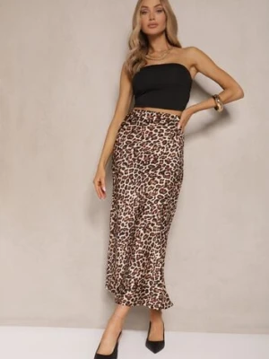 Brązowa Spódnica High Waist ze Zwierzęcym Printem i Gumką w Talii Dimella rosa