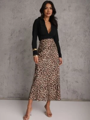 Brązowa Spódnica High Waist ze Zwierzęcym Printem i Gumką w Talii Dimella rosa