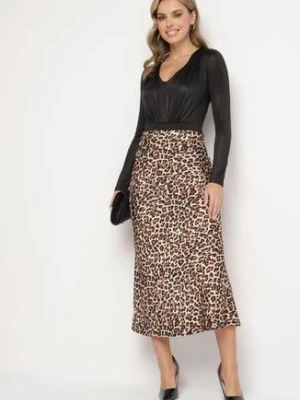 Brązowa Spódnica w Panterkę z Wysokim Stanem i Gumką w Pasie Dimimas rosa