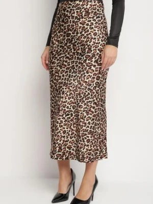 Brązowa Spódnica w Panterkę z Wysokim Stanem i Gumką w Pasie Dimimas rosa