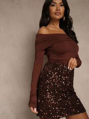 Brązowa Spódnica z Cekinami o Kroju Ołówkowym Idiluna