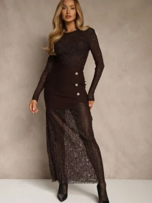Brązowa Spódnica z Dzianiny z Wiskozą z Koronkowym Dołem Zdobiona Guzikami Sewune