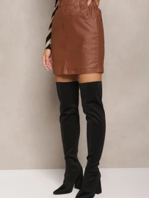 Brązowa Spódnica z Ekoskóry z Ozdobnie Marszczoną Talią Selja daysie