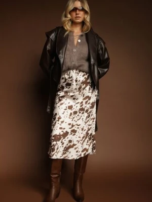 Brązowa Spódnica z Satynowej Tkaniny Zdobiona Krowim Printem Kolorea pretty