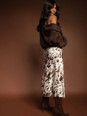 Brązowa Spódnica z Satynowej Tkaniny Zdobiona Krowim Printem Kolorea pretty