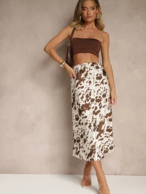 Brązowa Spódnica z Satynowej Tkaniny Zdobiona Krowim Printem Kolorea pretty