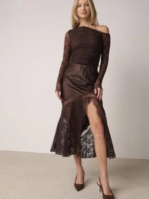 Brązowa Spódnica z Satyny z Koronką i Rozcięciem na Nogę Doritana bisou's project