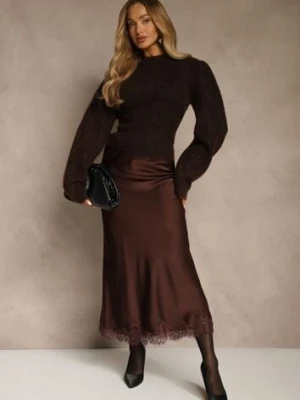 Brązowa Spódnica z Satyny Zdobiona Koronką Marefera