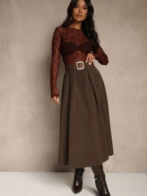 Brązowa Spódnica z Wiskozą o Rozkloszowanym Kroju z Paskiem z Klamrą Tiavela new collection