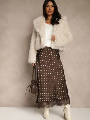 Brązowa Spódnica z Wiskozy High Waist Ozdobiona Kropkami i Koronką Monivia