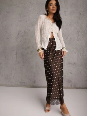 Brązowa Spódnica z Wiskozy High Waist Ozdobiona Kropkami i Koronką Monivia