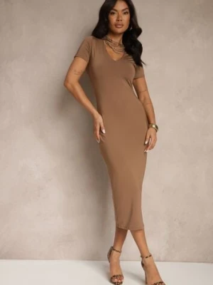 Brązowa Sukienka Bodycon o Dopasowanym Kroju z Dekoltem w V Efrerina by swan