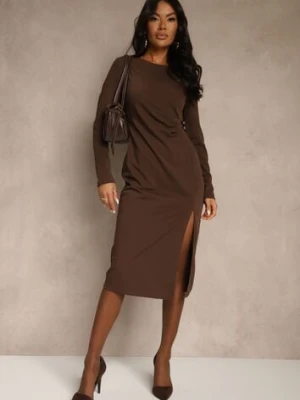 Brązowa Sukienka Bodycon z Bawełną i Paskami z Klamrami z Boku Esenelia bisou's project