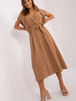 Brązowa sukienka damska midi z wiązanym paskiem Italy Moda