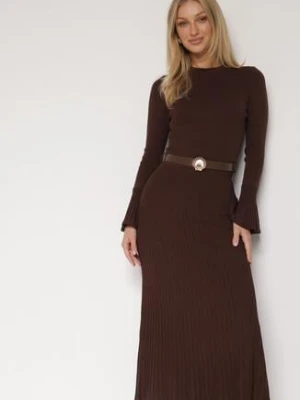 Brązowa Sukienka Dzianinowa z Wiskozą z Rozszerzanymi Rękawami i Paskiem Retelva