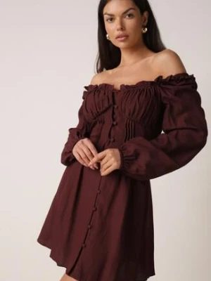 Brązowa Sukienka Hiszpanka Vices z Gorsetową Talią i Bufiastymi Rękawami Resana