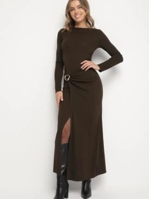 Brązowa Sukienka Koktajlowa z Aplikacją z Marszczeniem na Biodrach Rariana bisou's project