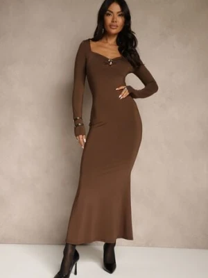 Brązowa Sukienka Koktajlowa z Wiskozą i Metaliczną Klamrą przy Dekolcie Refire