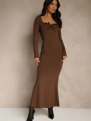 Brązowa Sukienka Koktajlowa z Wiskozą Ozdobiona Metaliczną Aplikacją Refane