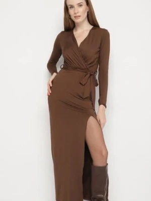 Brązowa Sukienka Kopertowa z Wiskozą Zdobiona Rozcięciem i Wiązanym Paskiem Teslea
