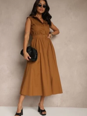 Brązowa Sukienka Koszulowa z Bawełny Ozdobiona Kieszonkami Saviette elsa.m by may