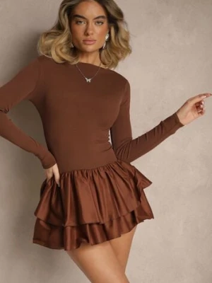Brązowa Sukienka Longsleeve o Rozkloszowanym Kroju z Falbanką Reline new fashion