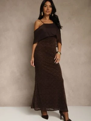 Brązowa Sukienka o Asymetrycznym Kroju Ozdobiona Falbaną Owedia