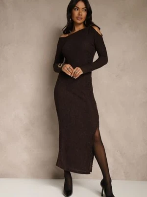 Brązowa Sukienka o Dopasowanym Kroju Ozdobiona Metaliczną Aplikacją Reittia