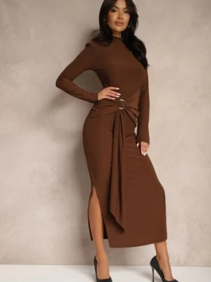 Brązowa Sukienka o Dopasowanym Kroju z Półgolfem Zdobiona Trenem i Rozcięciem Tuleedi allyson
