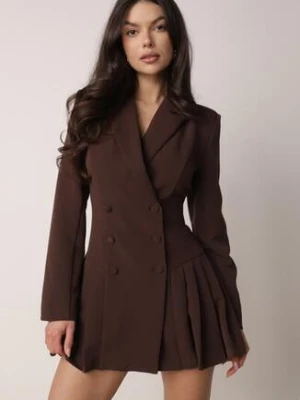 Brązowa Sukienka o Kroju Marynarki VICES z Poduszkami w Ramionach Serlina