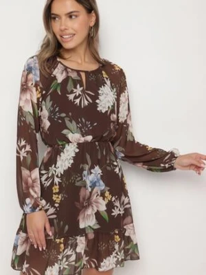 Brązowa Sukienka o Rozkloszowanym Kroju w Kwiaty Zeramera lovery