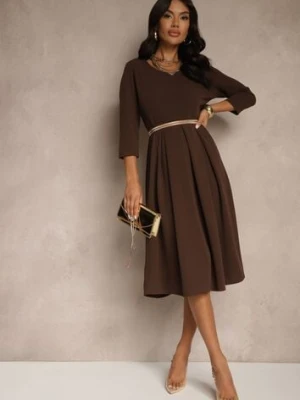 Brązowa Sukienka o Rozkloszowanym Kroju z Rękawem Długości 3/4 Nomini lovery
