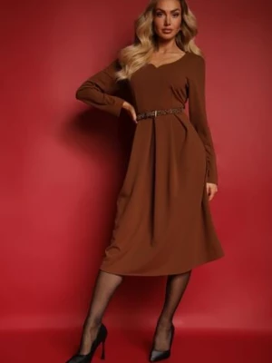 Brązowa Sukienka o Rozkloszowanym Kroju z Trójkątnym Dekoltem Temivara new collection